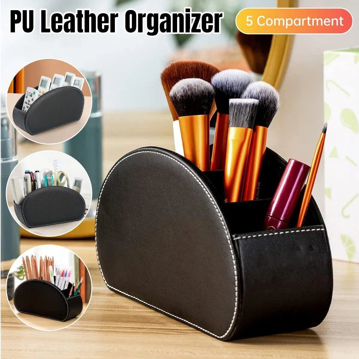 PU Leather Desktop Organiser Remote Control Office Cosmetic Storage Box Holder